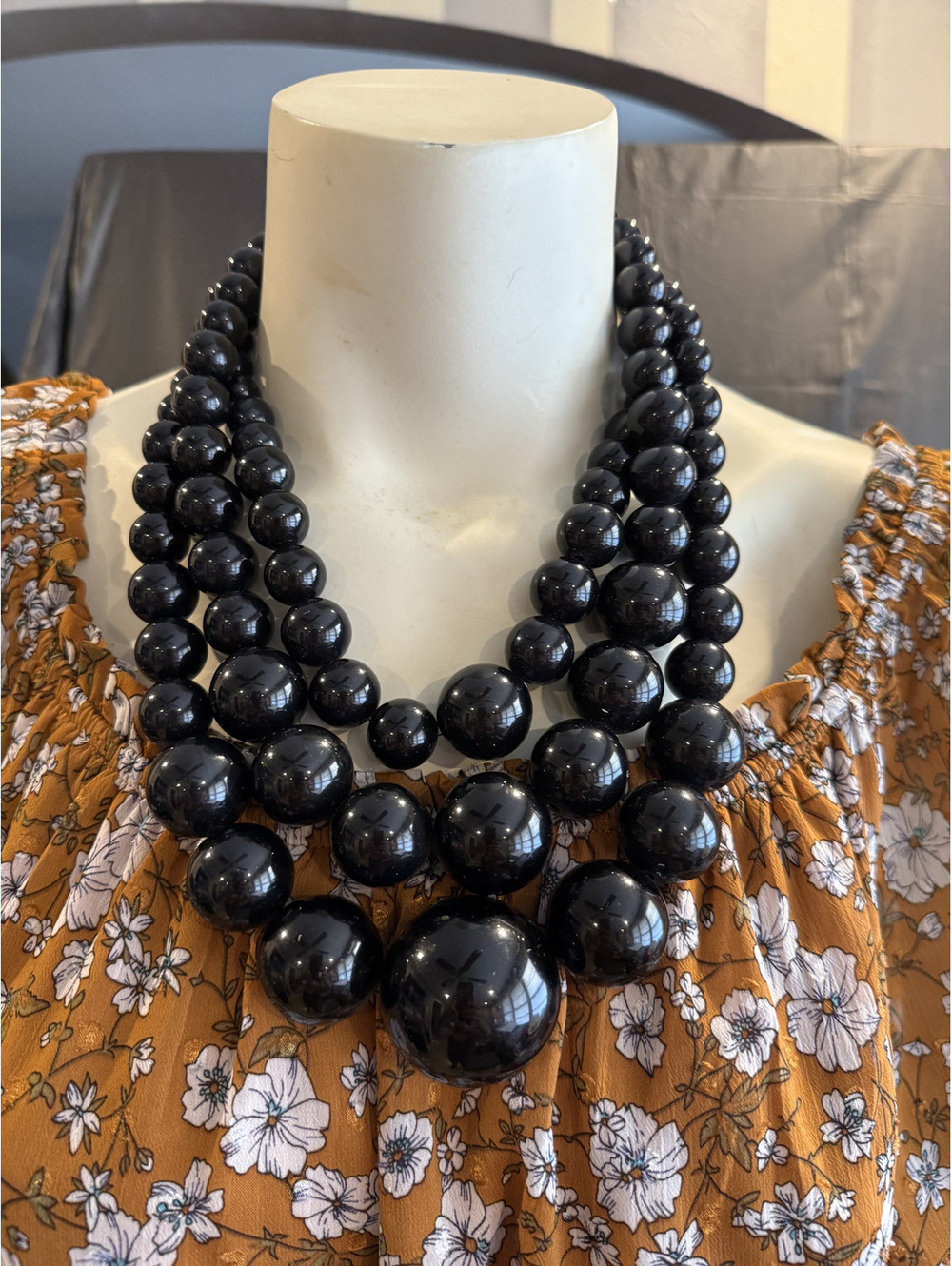 Bold Multi-Strand Black Beaded Statement Necklace Great for casual or dressy fit